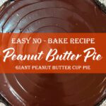 Classic no-bake peanut butter pie with chocolate ganache and Oreo cookie crust, shown in foil pie tin with glossy chocolate top.