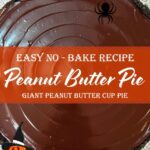 Halloween no-bake peanut butter pie with chocolate ganache and Oreo crust, shown with spiderweb and pumpkin decorations.