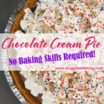 No-bake chocolate cream pie topped with whipped cream and colorful sprinkles in a graham cracker crust.