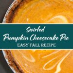 Homemade swirled pumpkin cheesecake pie with marbled pumpkin and vanilla filling baked in a graham cracker crust, photographed on a rustic fall table.
