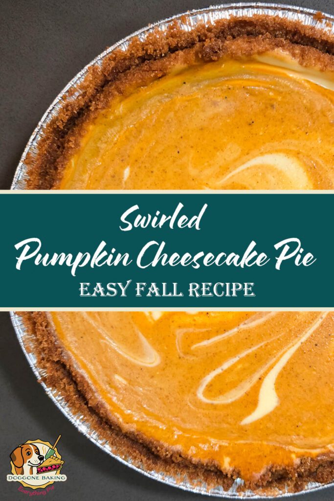 pinterest pin for swirled pumpkin cheesecake pie