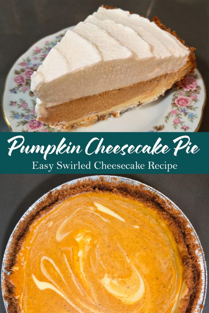 Slice of pumpkin cheesecake pie with whipped cream topping and a full swirled pumpkin pie in a graham cracker crust, perfect for Fall dessert.