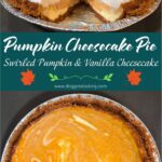 Slice of pumpkin cheesecake pie showing swirled layers of pumpkin and vanilla cheesecake in a graham cracker crust, topped with whipped cream.