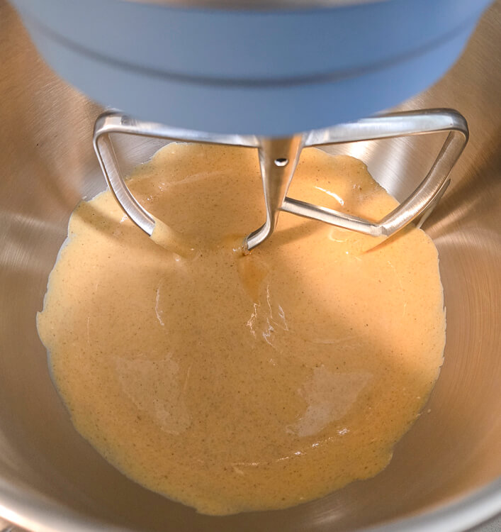 pumpkin cheesecake filling in a stand mixer