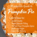 Overhead view of pumpkin pie with whipped cream border and orange text overlay reading “A Complete Guide to Pumpkin Pie,” classic Thanksgiving dessert.