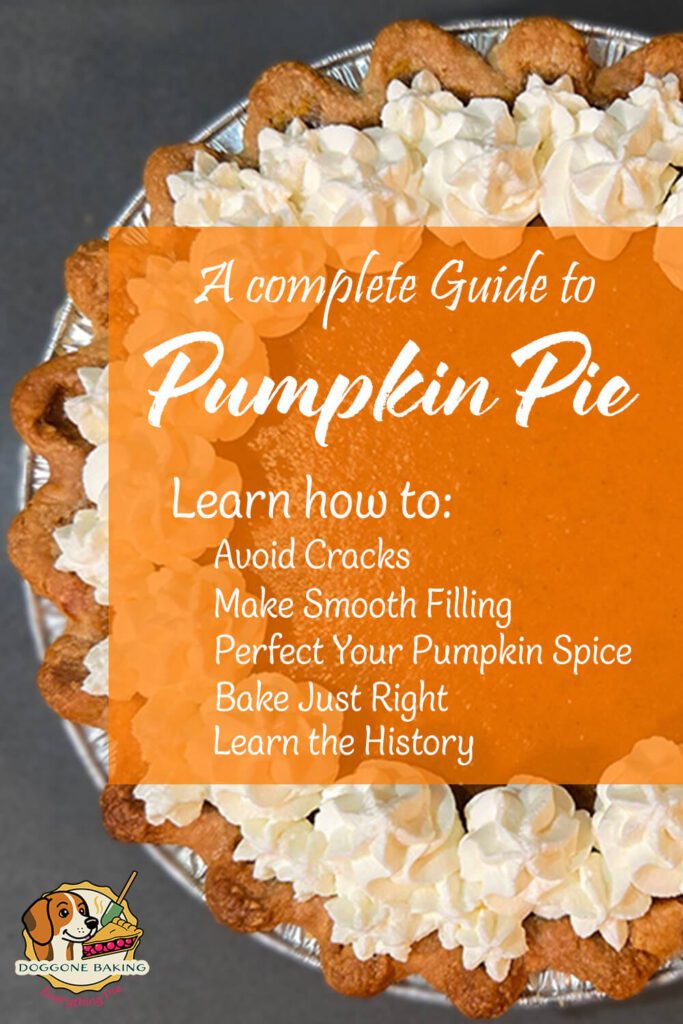 Overhead view of pumpkin pie with whipped cream border and orange text overlay reading “A Complete Guide to Pumpkin Pie,” classic Thanksgiving dessert.