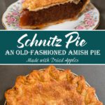 Slice and whole Amish Schnitz Pie on floral china and cooling rack, showing the rich apple filling and golden crust. Traditional Pennsylvania Dutch dessert made with stewed dried apples.