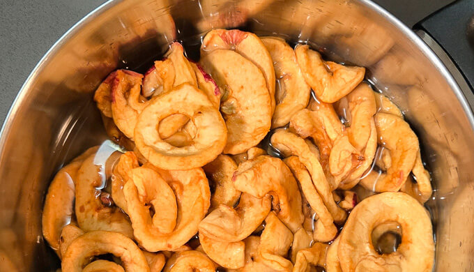 close up overhead photo of dried apple rings being rehydrated in water