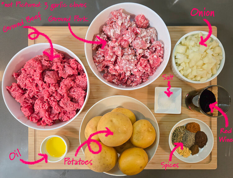 ingredients for tourtière meat filling: ground beef, ground pork, onions, salt, red wine, oil, potatoes, spices