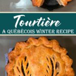 Overhead image of a baked golden tourtière in a cast-iron skillet with one slice removed, showing the spiced meat filling, labeled as a Québécois winter recipe.