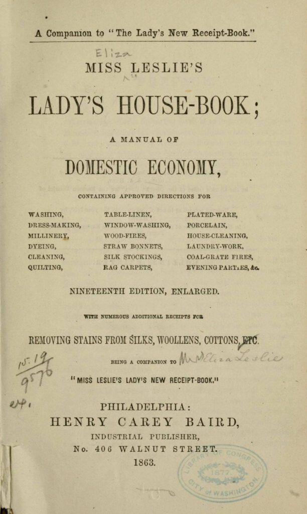 cover page of 1824 edition of the lady's receipt book by miss eliza leslie. public domain