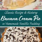 Slice of banana cream pie with homemade vanilla pudding, topped with whipped cream and chocolate shavings, on a floral plate next to a full pie.
