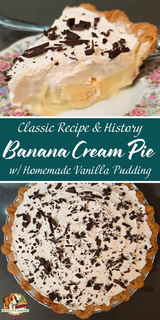 Slice of banana cream pie with homemade vanilla pudding, topped with whipped cream and chocolate shavings, on a floral plate next to a full pie.