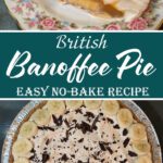 Slice of banoffee pie showing caramel and banana layers topped with whipped cream and chocolate curls.