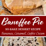 Whole banoffee pie topped with whipped cream, chocolate shavings, and banana slices on a biscuit crust.