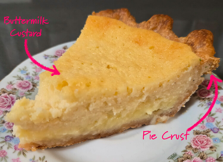 a slice of buttermilk pie with text labels for "buttermilk custard" and "pie crust"
