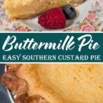 Close-up of creamy buttermilk pie slices served with raspberries and blueberries on a floral plate.