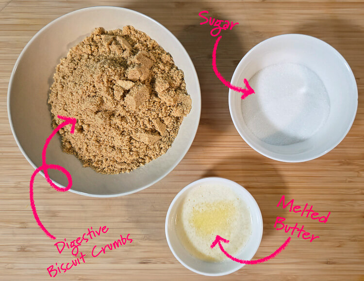 overhead photo of ingredients for a banoffee pie crust with text labels: digestive biscuit crumbs, melted butter, sugar
