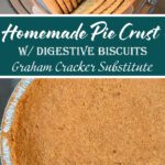 Digestive biscuits in a food processor and a finished golden biscuit crust in a foil pie pan, showing the process from whole biscuits to baked crust.