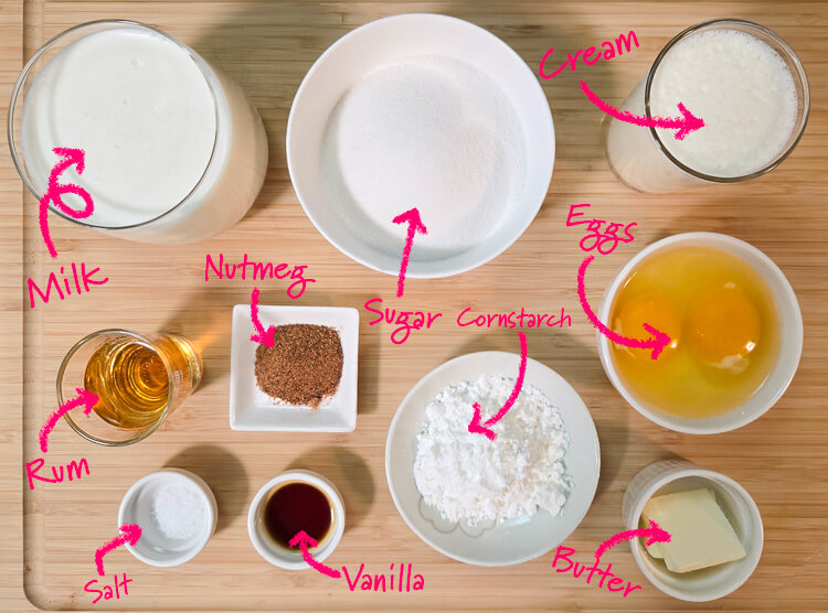 ingredients for eggnog pudding laid out on a wooden cutting board with text labels: milk, cream, sugar, nutmeg, rum, cornstarch, eggs, salt, vanilla, and butter
