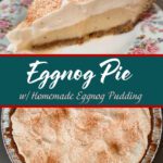 Slice of eggnog cream pie with layers of homemade eggnog pudding and whipped cream in a gingersnap crust, topped with cinnamon.