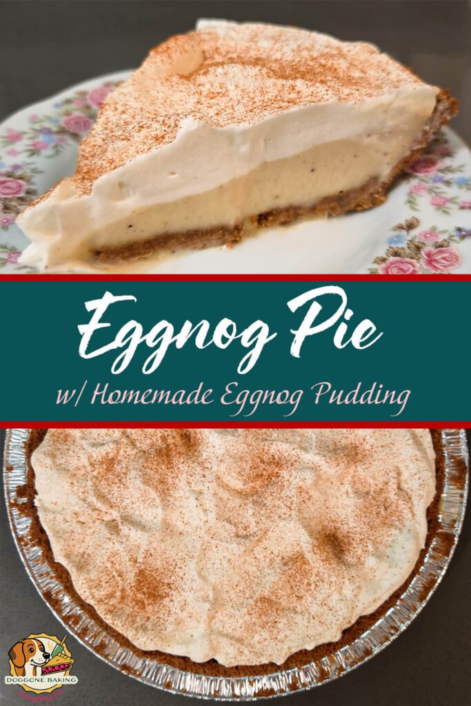 Slice of eggnog cream pie with layers of homemade eggnog pudding and whipped cream in a gingersnap crust, topped with cinnamon.