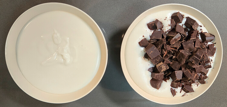 a photo showing 2 bowls with haupia, one with chocolate chips in it