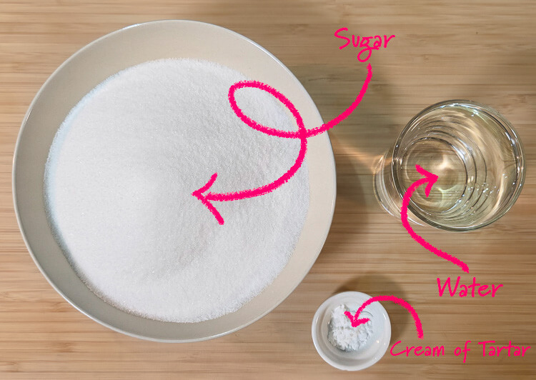 overhead photo of ingredients for invert sugar syrup with text labels: sugar, water, cream of tartar