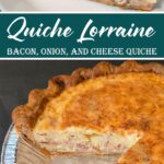 Slice of quiche Lorraine filled with bacon, onions, and cheese, shown with a full baked quiche in a flaky crust.