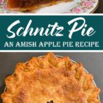 Whole Amish Schnitz Pie with sugared golden crust and a single vent cut, alongside a slice showing the dark, dense dried-apple filling.