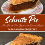 Slice of Amish Schnitz Pie on a floral plate with a thick dried-apple filling and flaky golden crust, showing its old-fashioned texture and color.