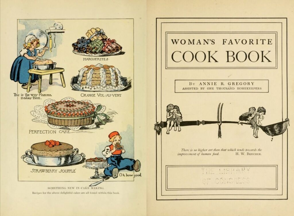 the cover page of "Woman's Favorite Cook Book" published in 1902