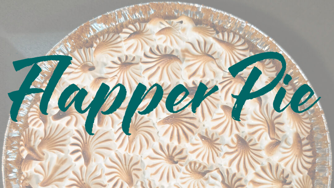 overhead photo of a piped meringue-topped flapper pie with text overlay that reads "Flapper Pie" for Flapper pie recipe