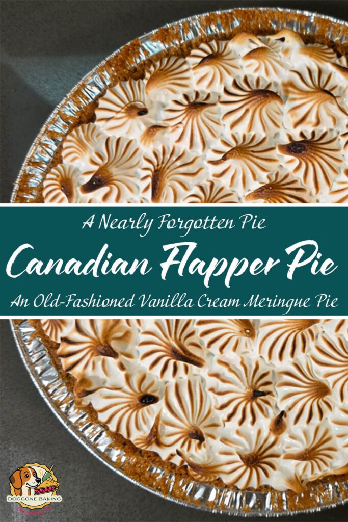 A Canadian flapper pie with a graham cracker crust and toasted meringue topping, shown in a foil pie pan with piped, caramelized meringue swirls.