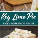 Slice of homemade key lime pie in a graham cracker crust topped with whipped cream and lime zest, shown on a serving plate. The smooth lime custard filling and fluffy topping highlight the classic key lime pie recipe.