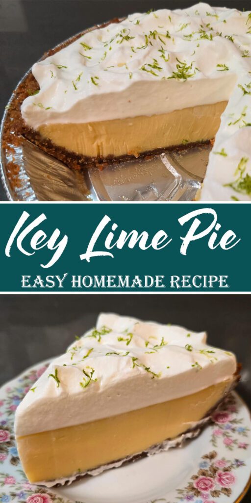 Slice of homemade key lime pie in a graham cracker crust topped with whipped cream and lime zest, shown on a serving plate. The smooth lime custard filling and fluffy topping highlight the classic key lime pie recipe.