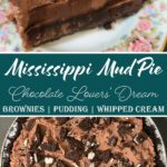 Slice of Mississippi mud pie with Oreo crust, brownie layer, chocolate pudding, and chocolate whipped cream, with a full pie topped with crushed Oreos in the background