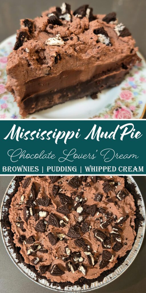 Slice of Mississippi mud pie with Oreo crust, brownie layer, chocolate pudding, and chocolate whipped cream, with a full pie topped with crushed Oreos in the background
