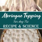 An overhead view of a pie fully covered with piped white meringue rosettes in a foil pie pan on a dark surface.