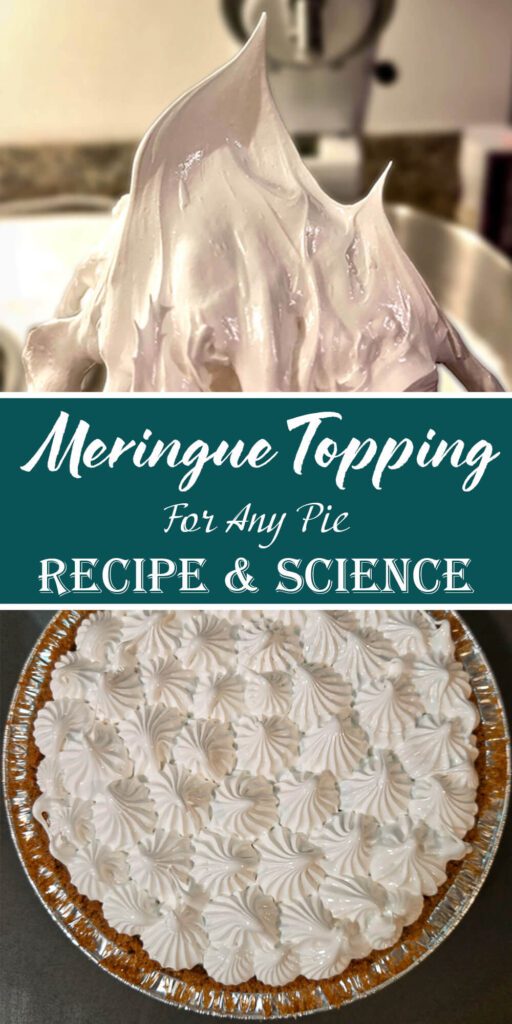 An overhead view of a pie fully covered with piped white meringue rosettes in a foil pie pan on a dark surface.