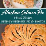 Slice of traditional Alaskan salmon pirok showing layered filling of salmon, rice, eggs, vegetables, and pastry, with a decorative vented top crust baked golden brown.