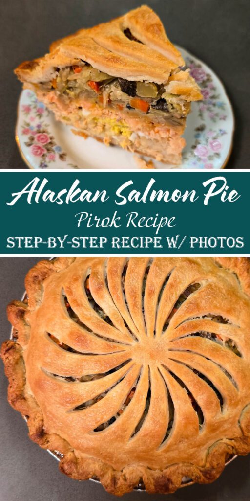 Slice of traditional Alaskan salmon pirok showing layered filling of salmon, rice, eggs, vegetables, and pastry, with a decorative vented top crust baked golden brown.