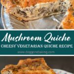 A close-up of a homemade mushroom quiche filled with creamy custard, sautéed mushrooms, and melted Gruyère, shown sliced to highlight the rich, savory texture inside a flaky pie crust.