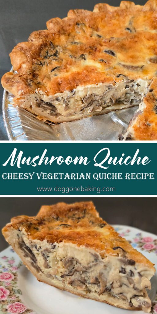 A close-up of a homemade mushroom quiche filled with creamy custard, sautéed mushrooms, and melted Gruyère, shown sliced to highlight the rich, savory texture inside a flaky pie crust.