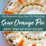 Sour orange pie topped with whipped cream and garnished with sour orange peel in a graham cracker crust, a traditional Florida citrus custard pie similar to key lime pie.