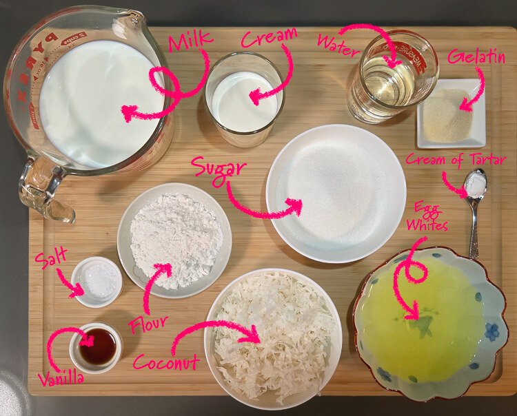 ingredients for white christmas pie laid out on a cutting board with text labels: milk, cream, water, gelatin, sugar, cream of tartar, salt, flour, vanilla, coconut, egg whites