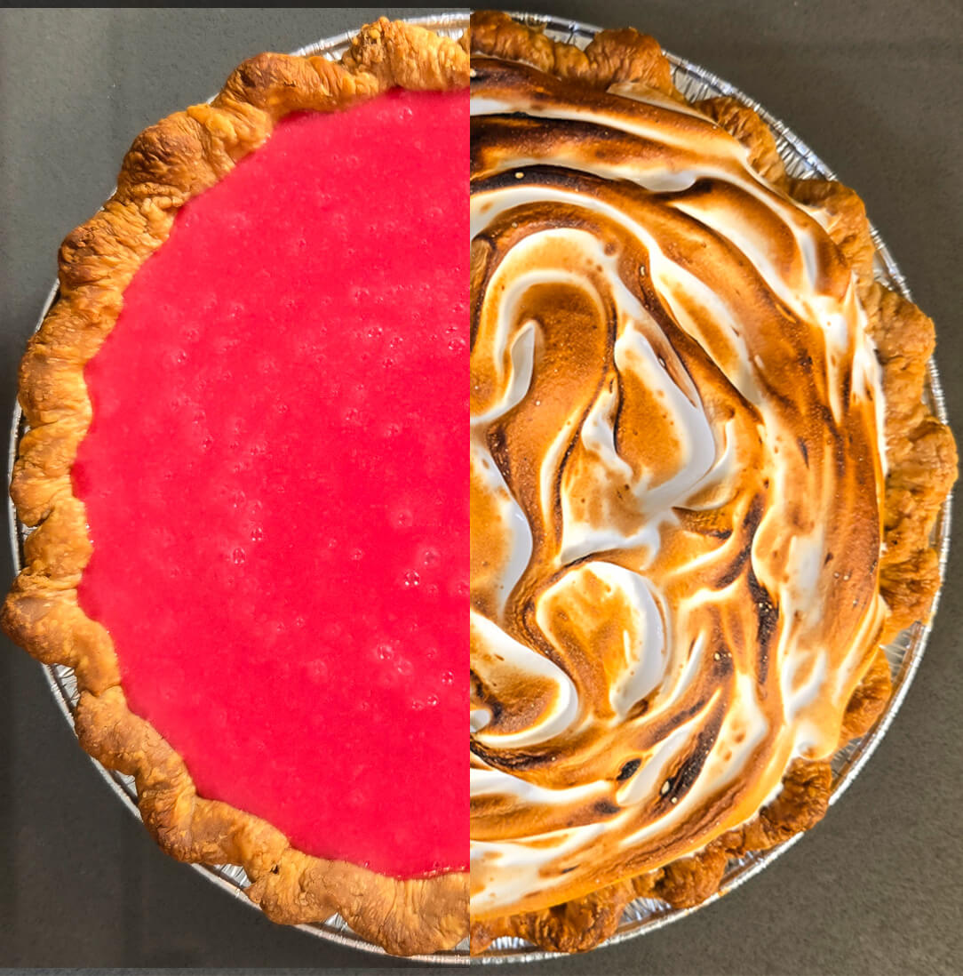 split 50/50 overhead photo of a cranberry meringue pie: one half is untopped showing the vibrant bright red cranberry curd, the other half is topped with golden toasted meringue