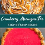 Overhead view of a cranberry meringue pie with golden toasted meringue swirled over a flaky pie crust, photographed after baking.