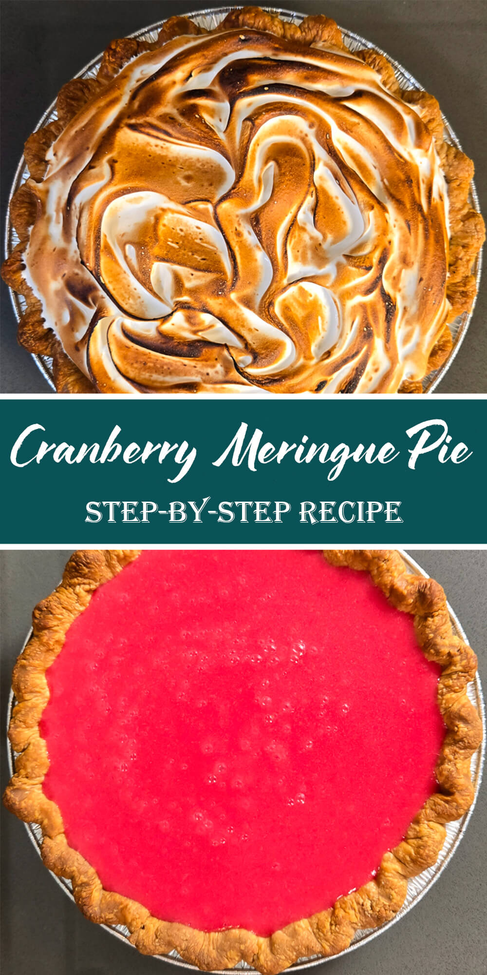 Overhead view of a cranberry meringue pie with golden toasted meringue swirled over a flaky pie crust, photographed after baking.