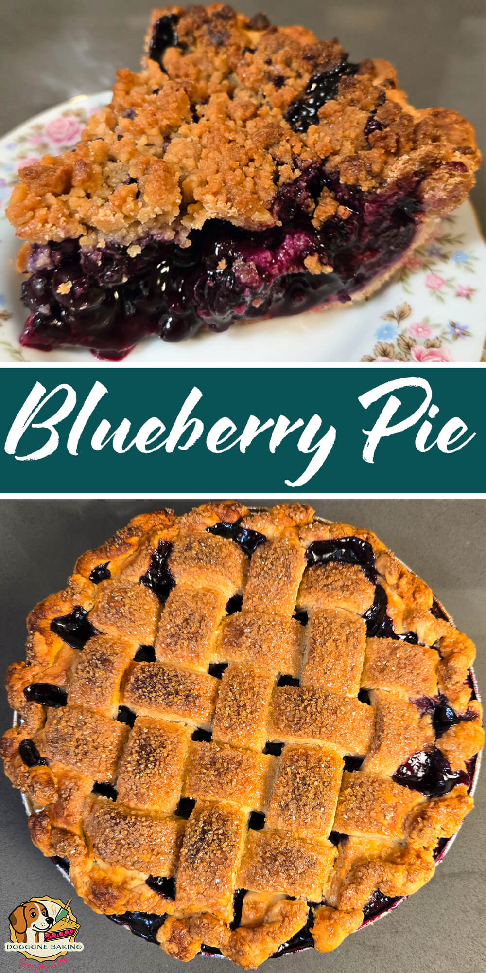 Slice of classic blueberry pie with a juicy blueberry filling and golden crumble topping, shown alongside a lattice-crust blueberry pie baked in a pie tin